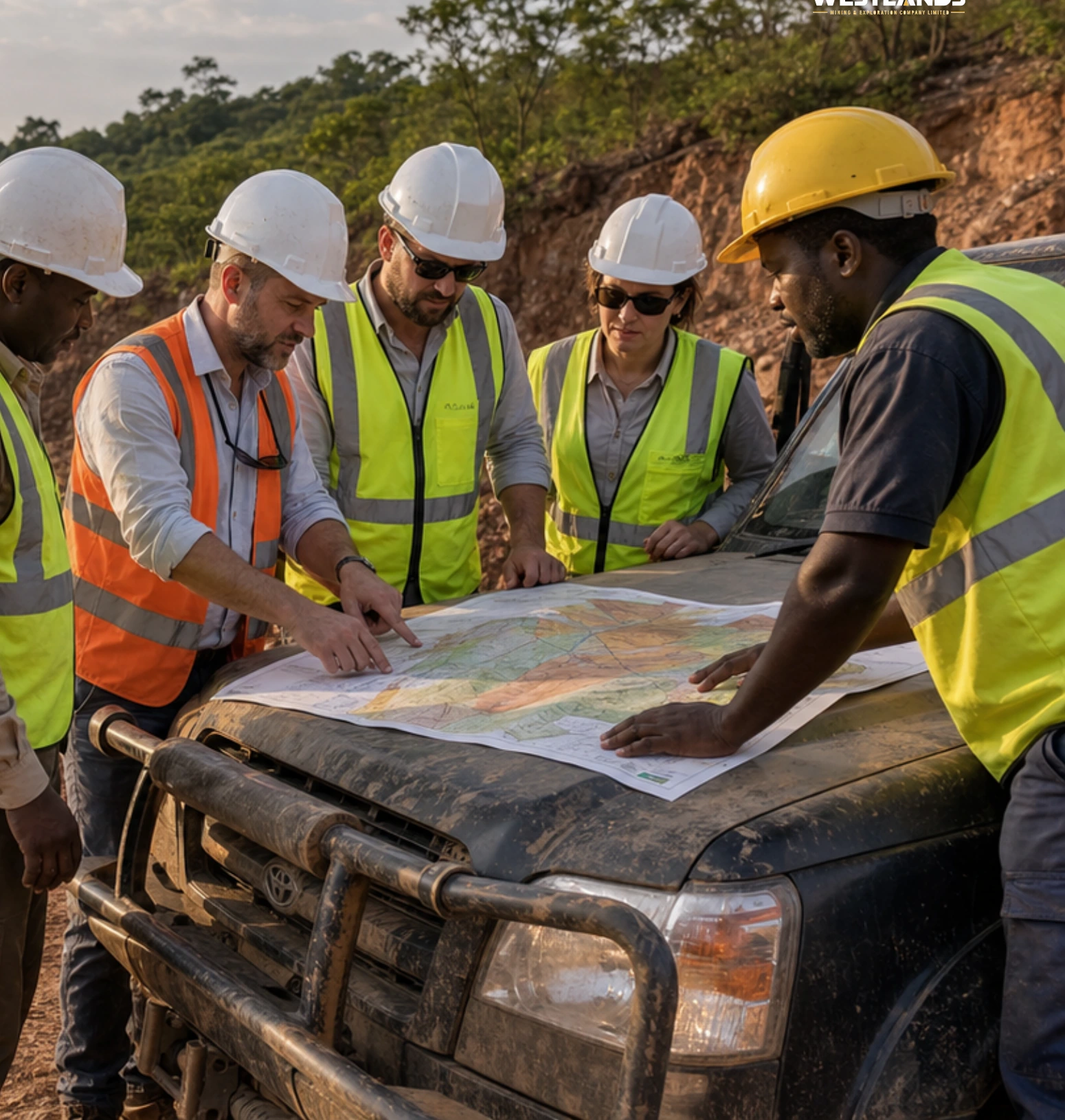 Mining operators reviewing site plans on a vehicle