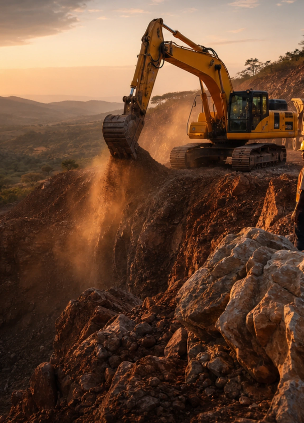 Mining team working on rugged mineral ground